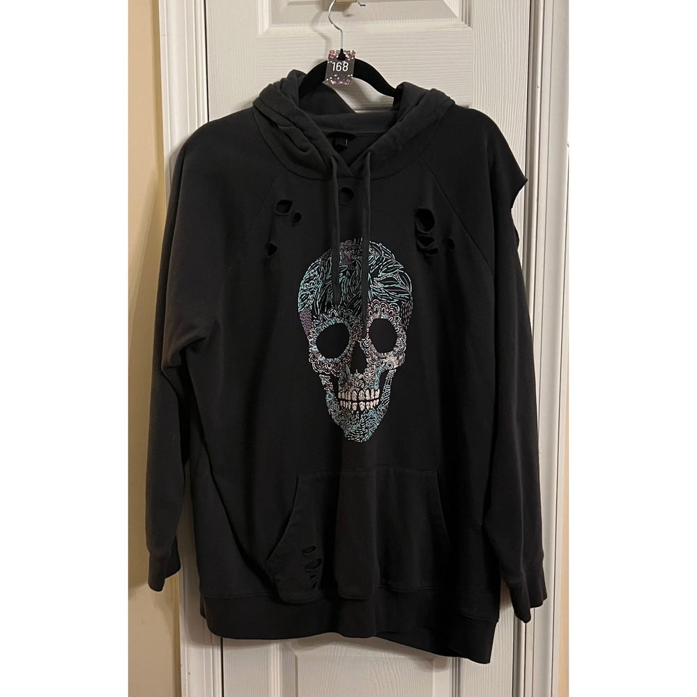 Torrid Womens Size 3 Black Distressed Sugar Skull Graphic Hoodie Sweatshirt